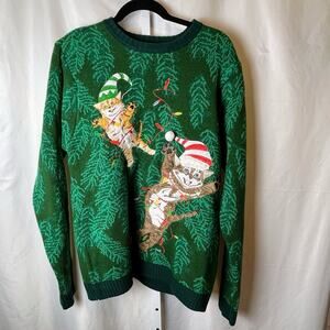 Blizzard Bay L Ugly Christmas Sweater Cat Santa Hat Lights Embroidered Green